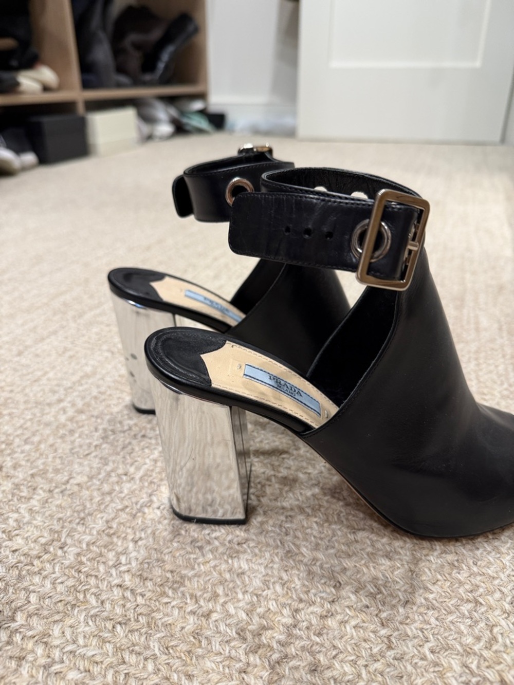 Vintage Prada Black Leather Peep-Toe Ankle Boots with Silver Eyelets - Picture 5 of 7